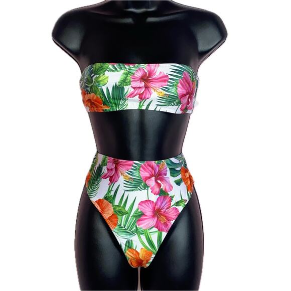 New Small Tropical Retro Floral High‎ Rise Strapless Bandeau Swimsuit Bikini - Picture 4 of 6